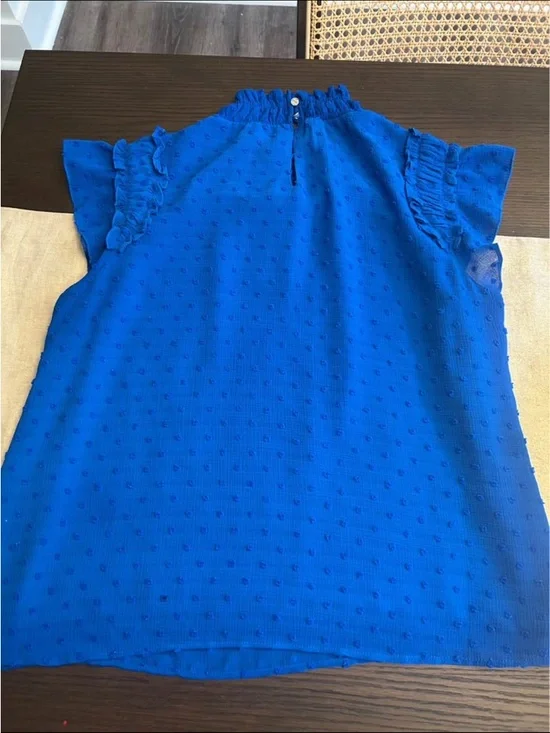 CeCe Royal Blue Smocked Ruffle Cap Sleeve Blouse - Picture 6 of 9